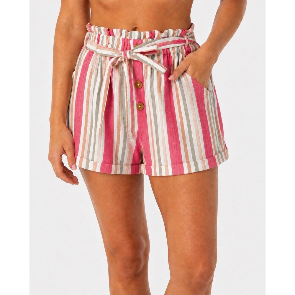 NWT Rip Curl Ashore Stripe Women's L Pink High Rise Paperbag Beach Shorts Surf